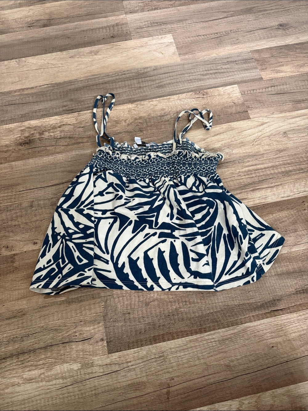 Navy & Cream Tropical Print Smocked Cropped Tank